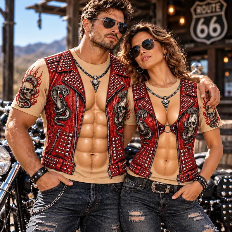 3D Fake Body Biker Shirt, Red Leather Vest Print Tee, Skull Snake Tattoo