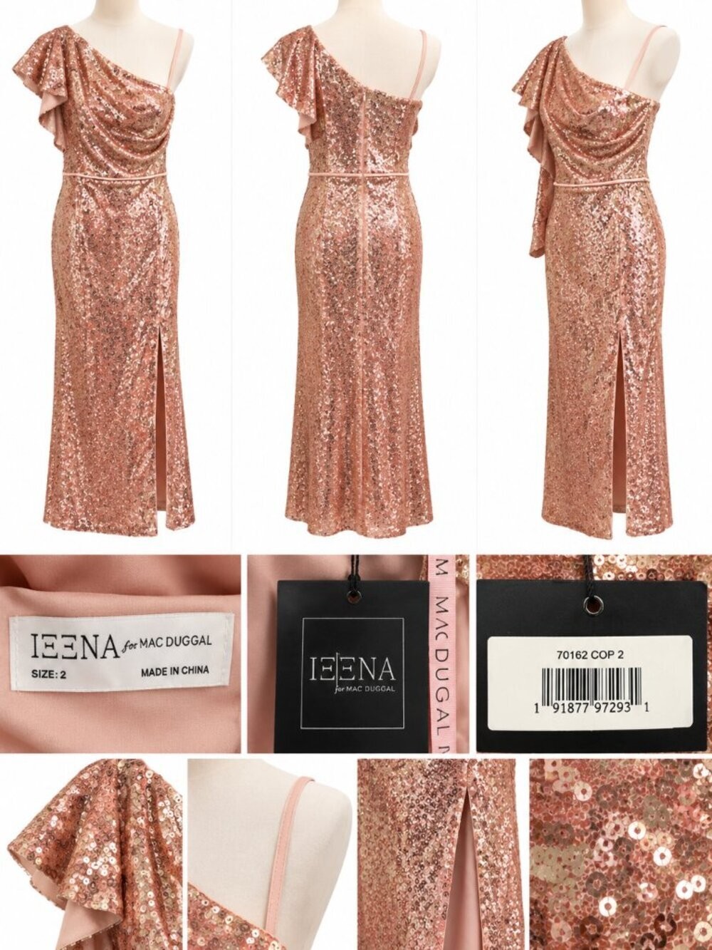 Ieena for Mac Duggal Copper Sequin One-Shoulder Midi Dress – Size 2 – NWT