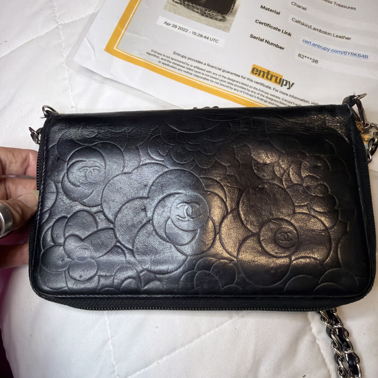 Chanel Camellia Embossed WOC Chain Black Shoulder Bag Crossbody Silver Hardware