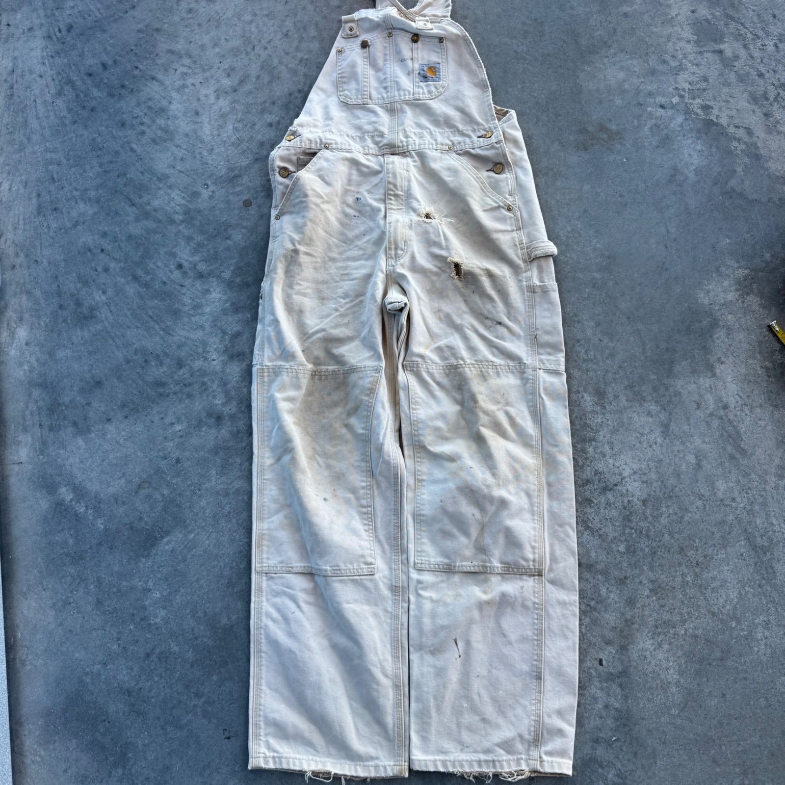 Carhartt Vintage Double Knee Overalls Natural White Distressed Workwear 35x31