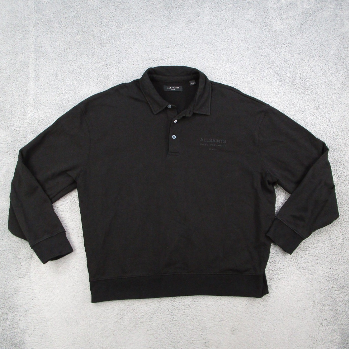 AllSaints Xander Sweat Polo Mens Large Black Long Sleeve Organic Cotton M020NC