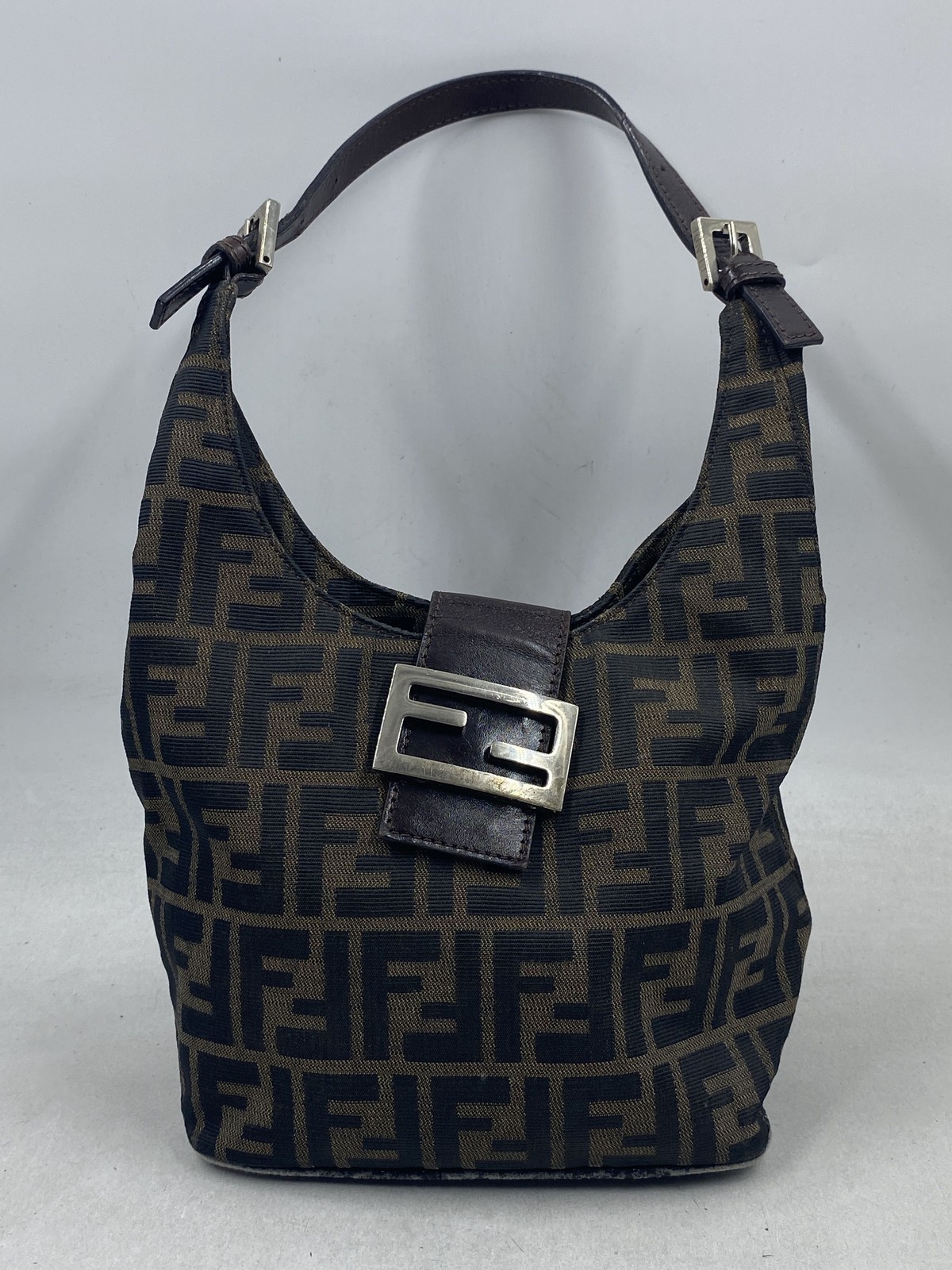 Vintage Fendi Brown Zucca Canvas Chef Hobo Shoulder Bag Silver Hardware