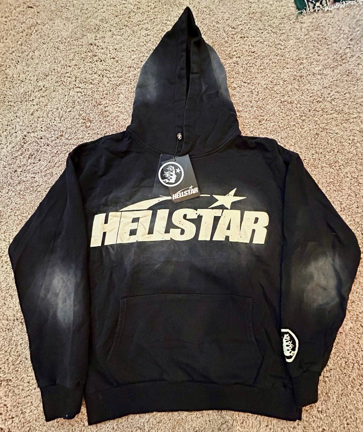HELLSTAR Black Pullover Hoodie White Logo Star Graphic Kangaroo Pocket L/S