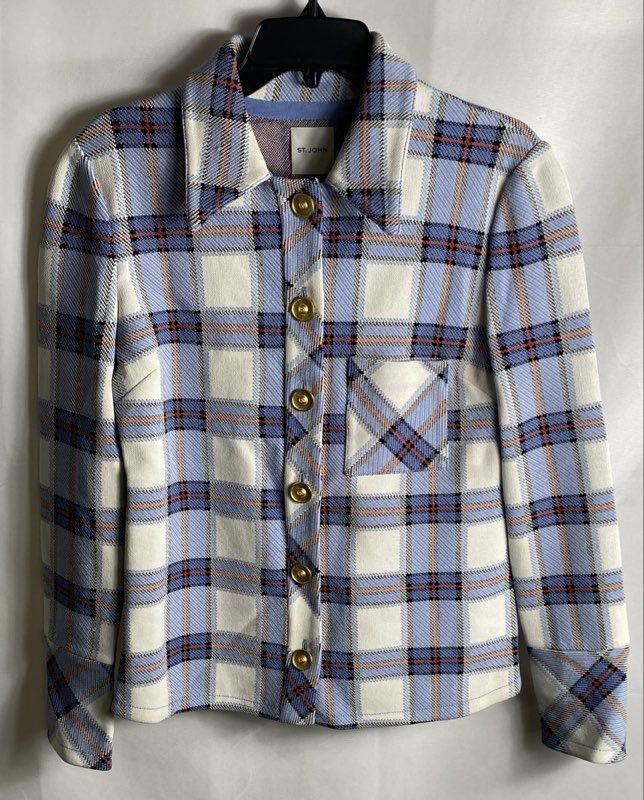 St. John Women\'s Plaid Knit Jacket Blue White Red Gold Logo Buttons