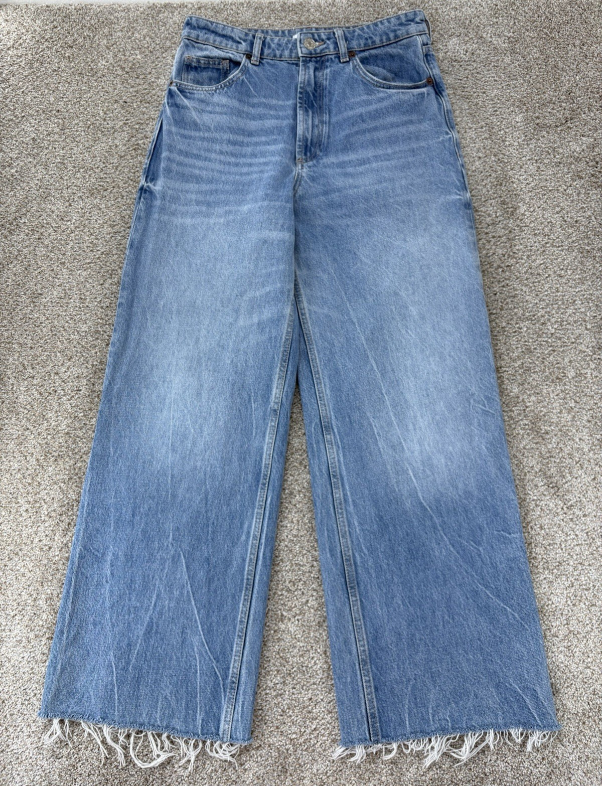 Zara Wide Leg High Rise Straight Jeans Women\'s 8 Blue Light Wash Coastal Boho