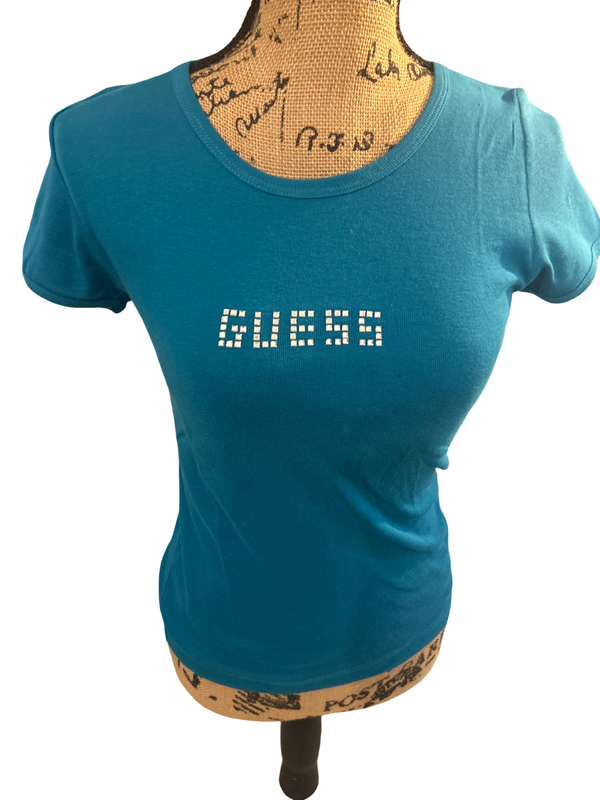 Vintage Guess Teal Blue Rhinestone Studded Logo Baby Tee Shirt Size M/L NWT
