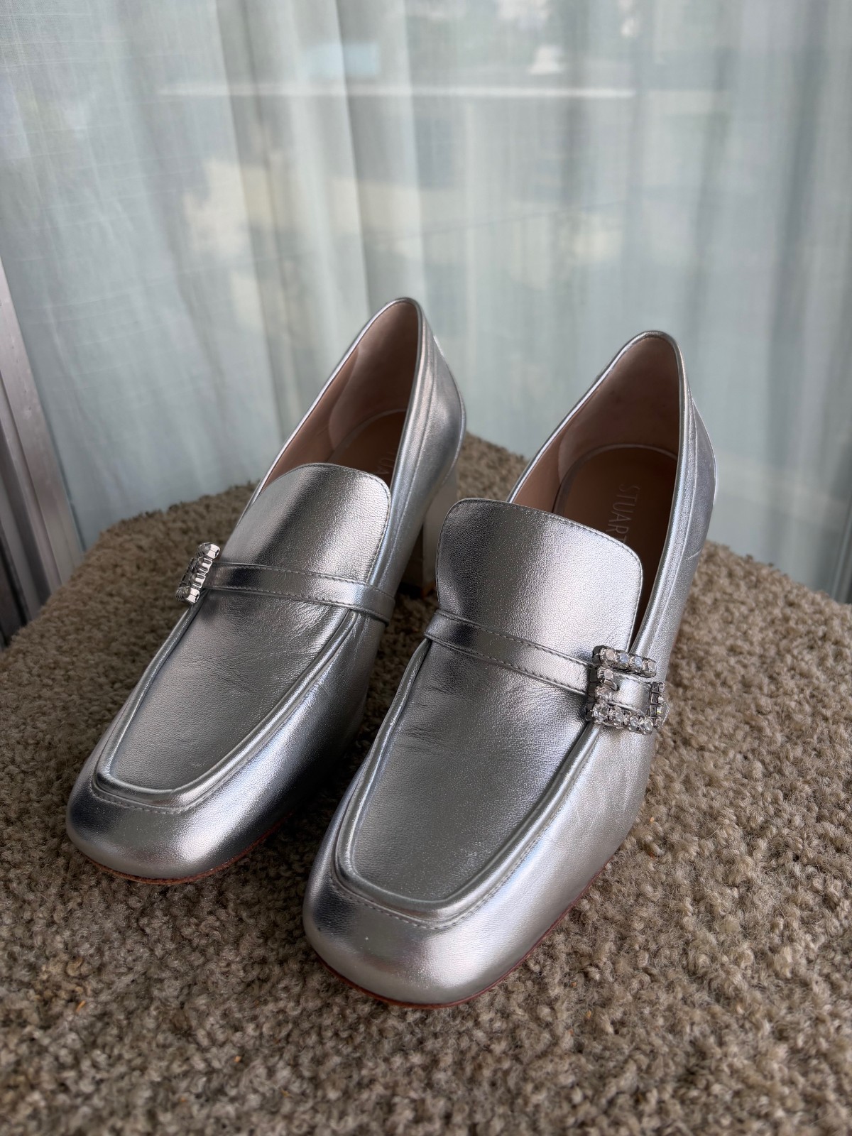 NWB Stuart Weitzman silver diamond buckle shoes size 9.5 chunky heel loafer