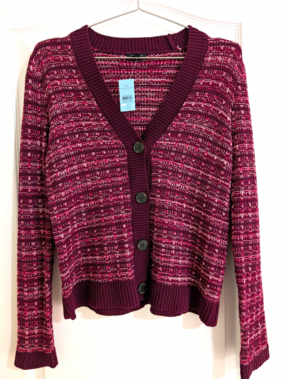 Ann Taylor Factory Womens Medium Petite Cardigan Sweater Burgundy Striped V-Neck