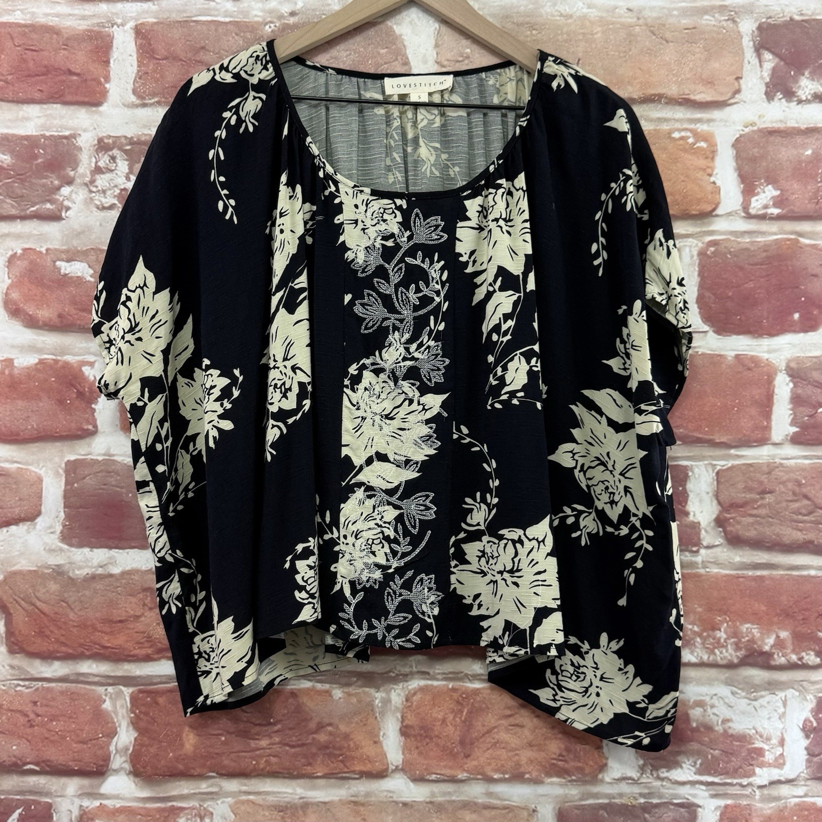Anthropologie Lovestitch Top Womens S Black Garden Floral Embroidered Shirt
