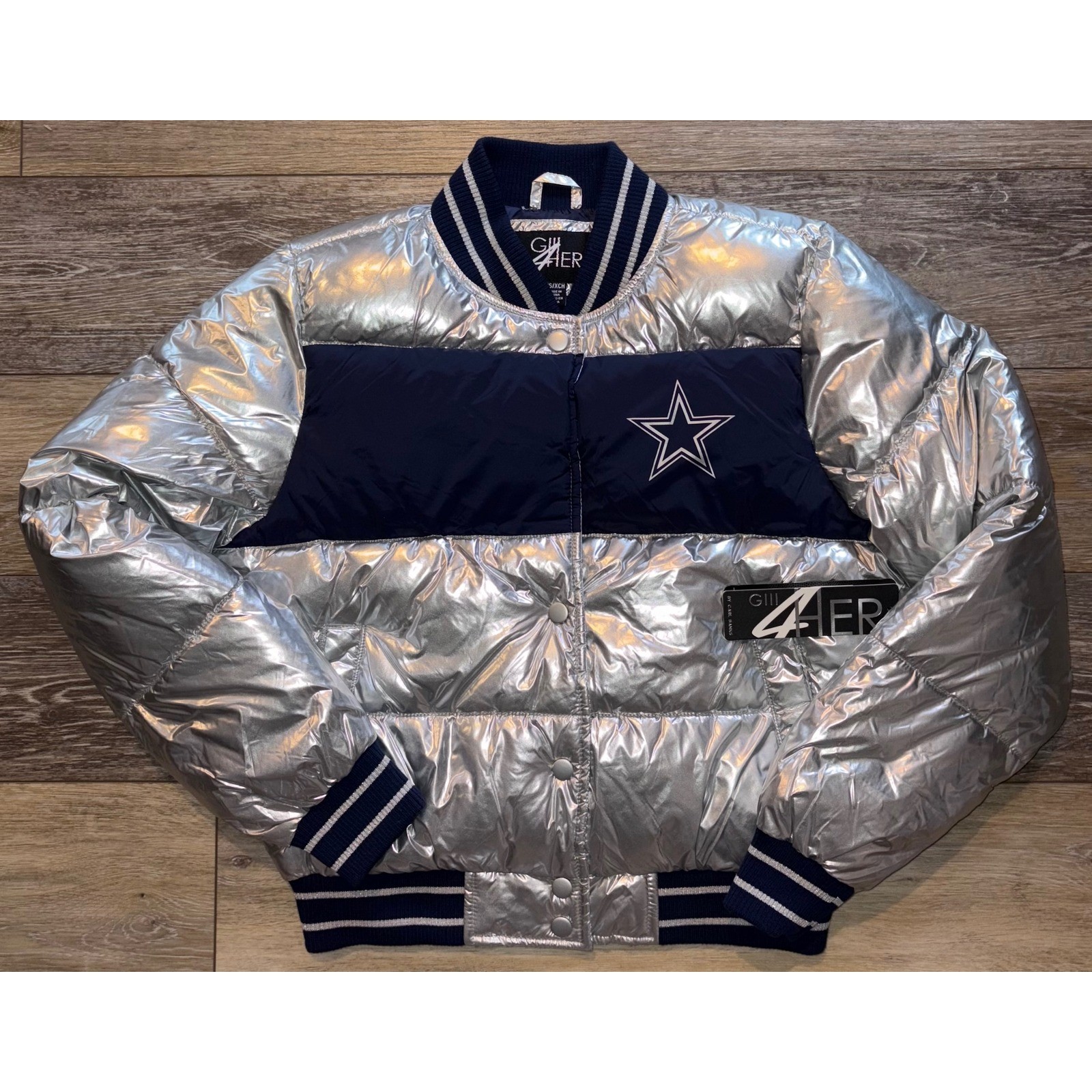 NWT G-III 4Her Dallas Cowboys Puffer Jacket Silver Navy NFL Football VarsityXS