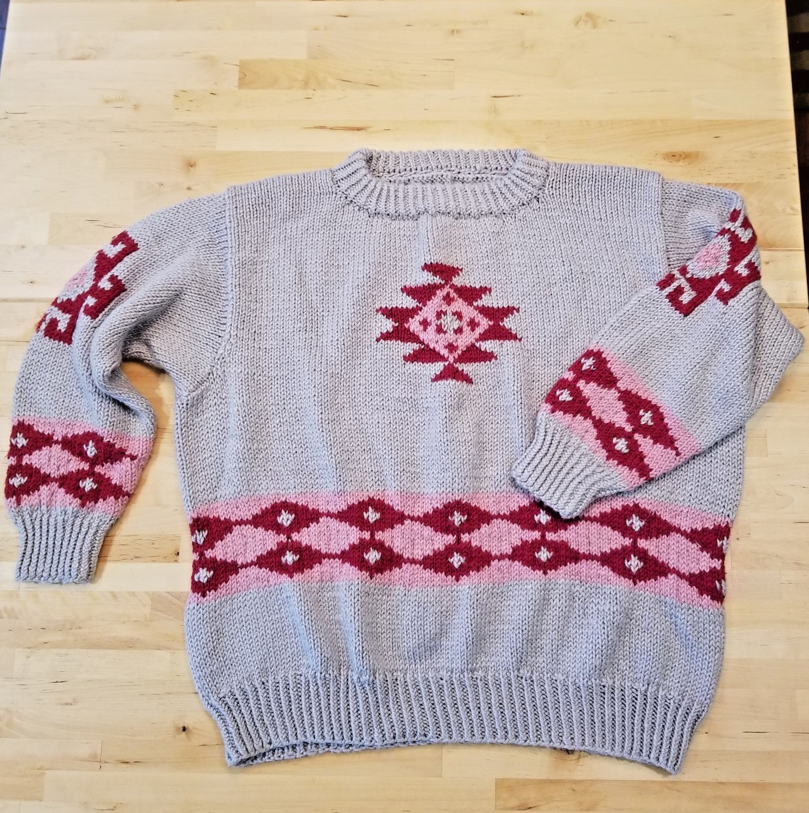 Mens Handmade Pullover Knit Sweater, Grey with Native American pattern, Medium