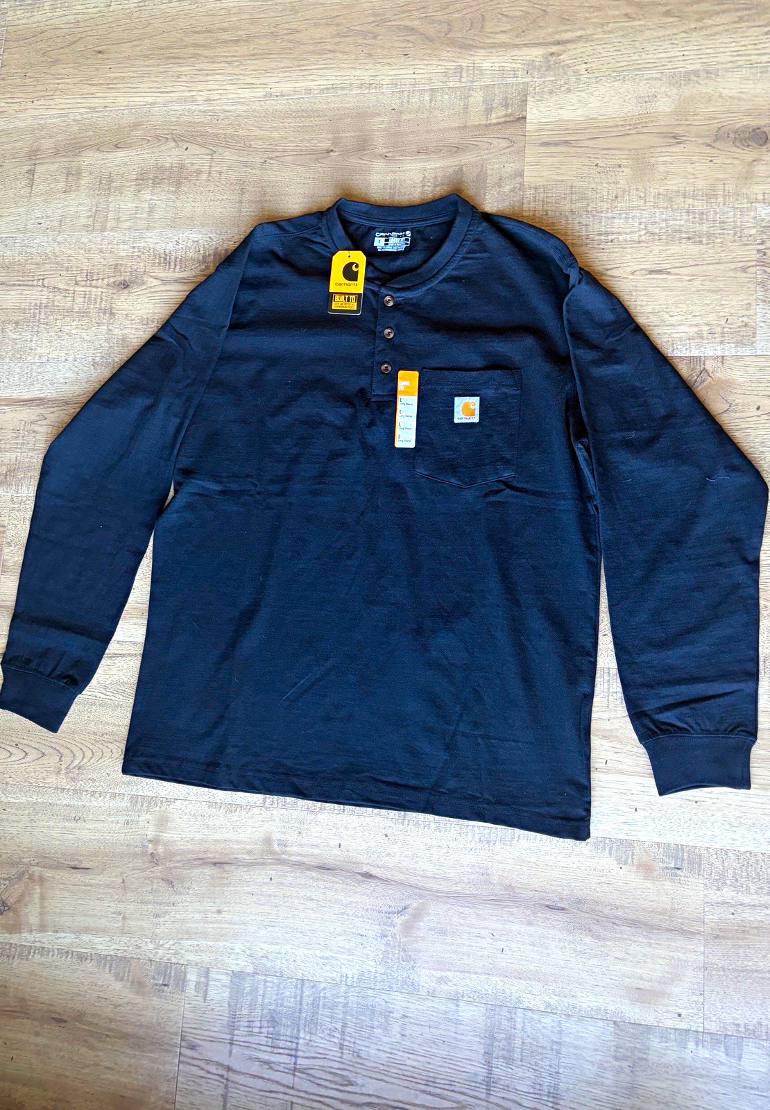 Carhartt Men’s Black Loose Fit Long Sleeve Henley Cotton Jersey Pocket L