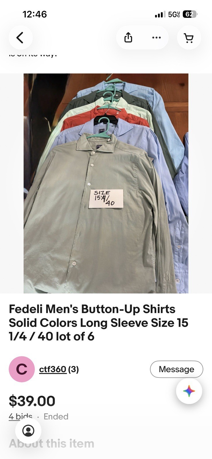 Fedeli Men\'s Button-Up Shirts Solid Colors Long Sleeve Size 15 1/4 / 40 lot of 6