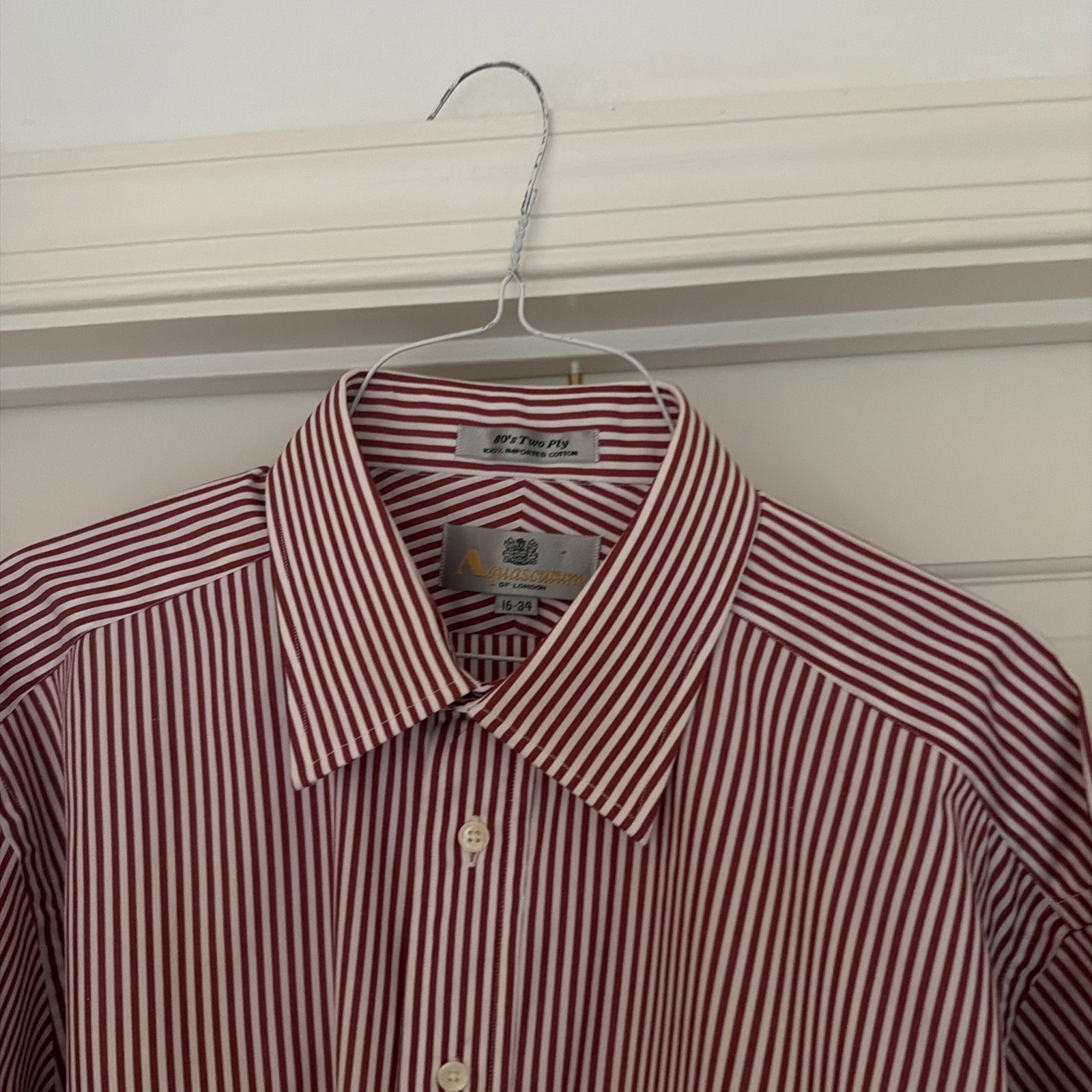 Aquascutum Men\'s 100% Cotton Dress Shirt RED Pin Stripes on White• Size 16.