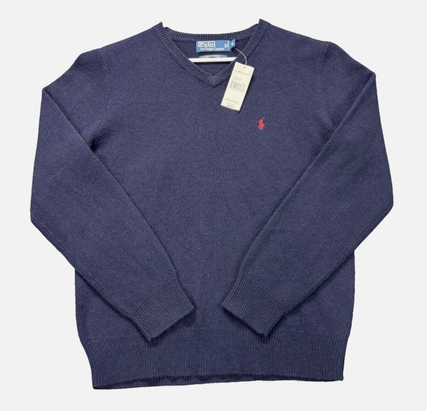Polo Ralph Lauren Sweater Mens Medium Blue 100% Lambswool V-Neck Knit Preppy NEW
