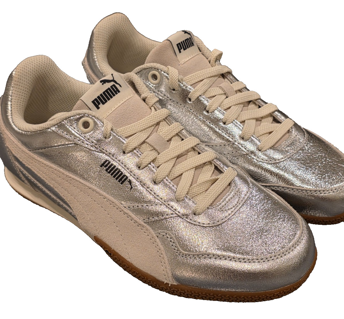 Puma Bella Donna Retro Sneakers Women\'s 7.5 Metallic Silver Suede Gum Sole NWOB