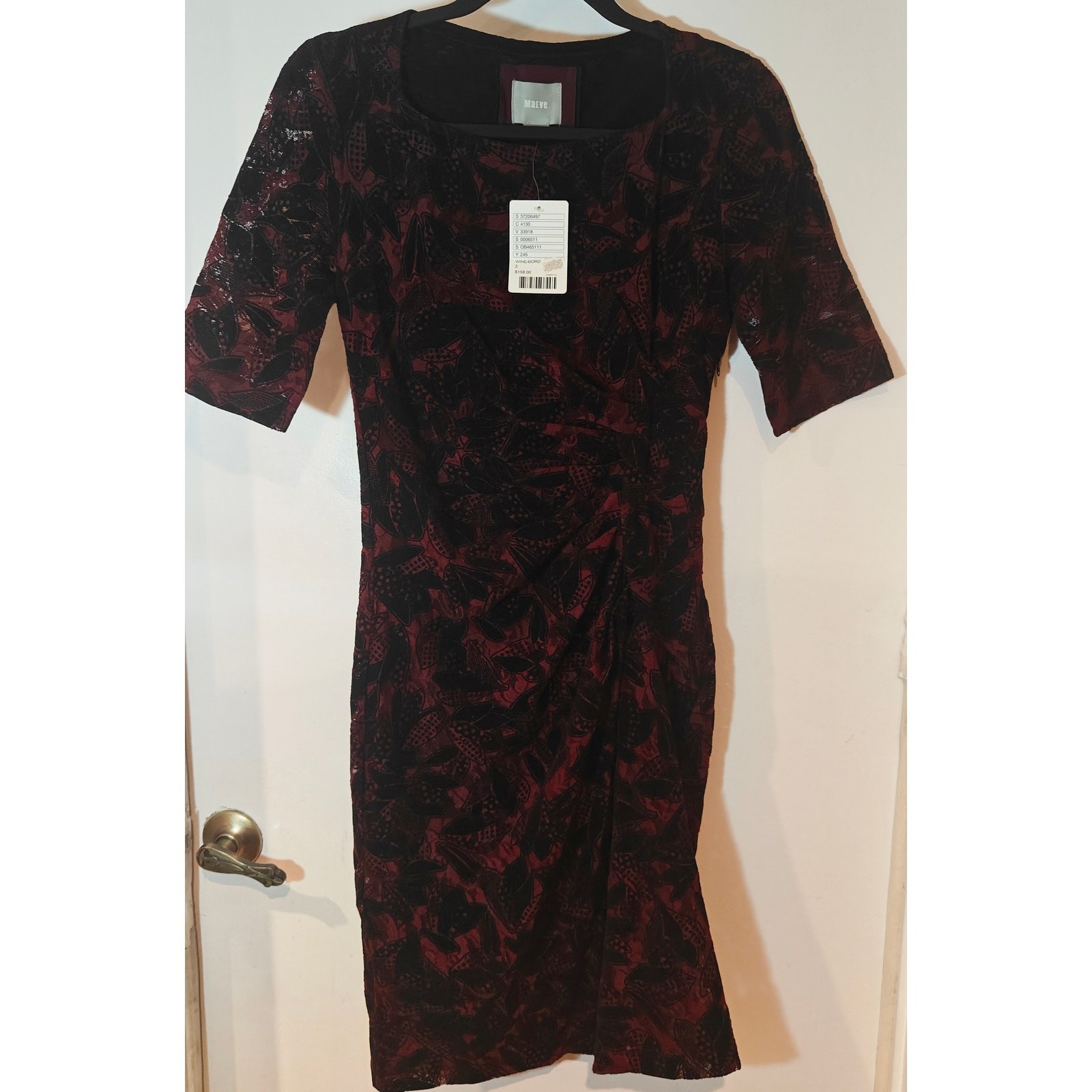Maeve by Anthropologie Elorn Burgundy Black Floral Lace Ruched Sheath Dress NWT