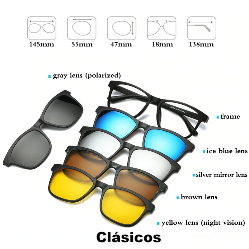Lentes Magnéticos Gafas de Sol Intercambiables 5 en 1 Monturas de Lente con Imán