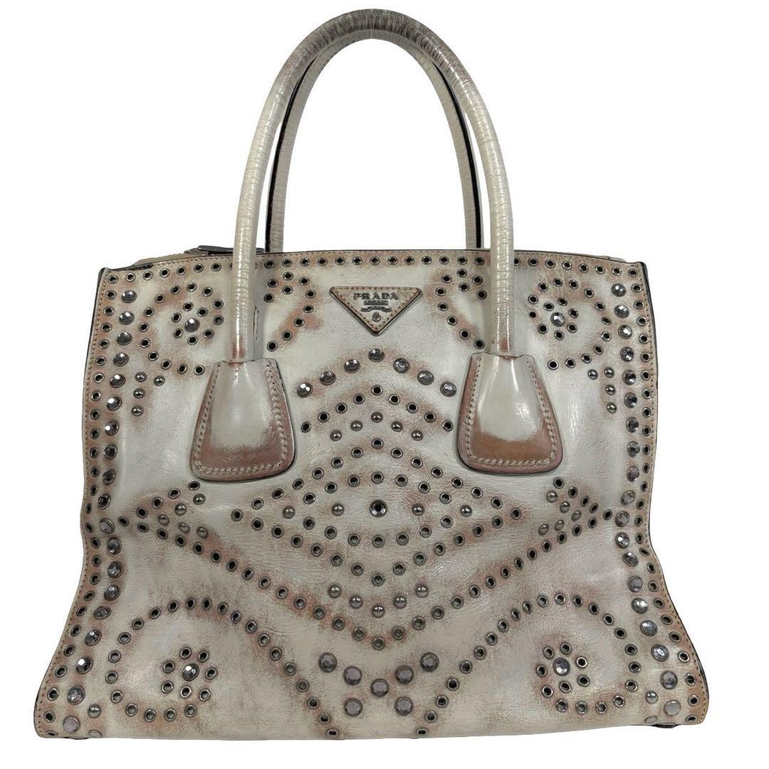 PRADA Vitello Leather Handbag Cream Vintage Tote Bag with Studs