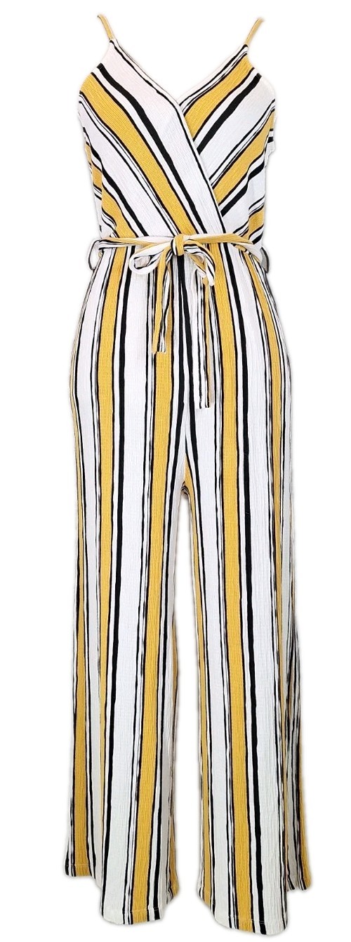 LOVE TREE SzL Sleeveless VNeck Wide Leg Belted Jumpsuit Romper Yellow B&W Stripe