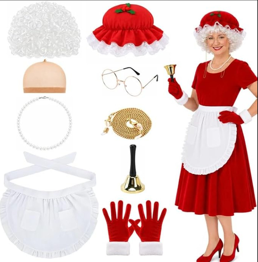 8 Pcs Christmas Mrs. Claus Costumes for Adult Women, Old Lady Santa Costume