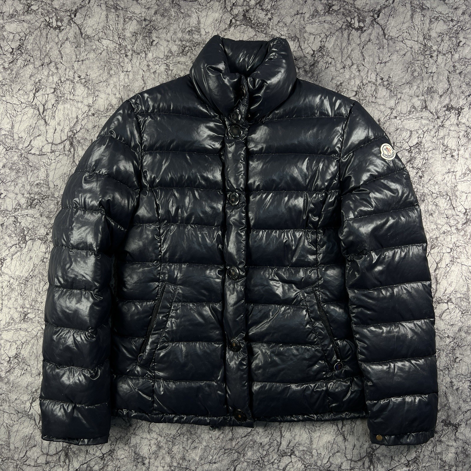 Moncler Clairy Women\'s Down Puffer Jacket Size L Navy Blue Shiny Snap Button