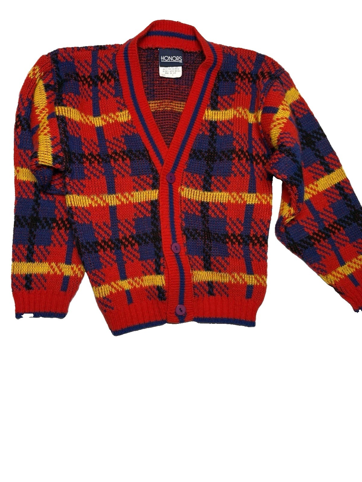 Vintage Honors Kids Plaid Knit Cardigan Sweater Size 4 Red Blue Yellow 90s