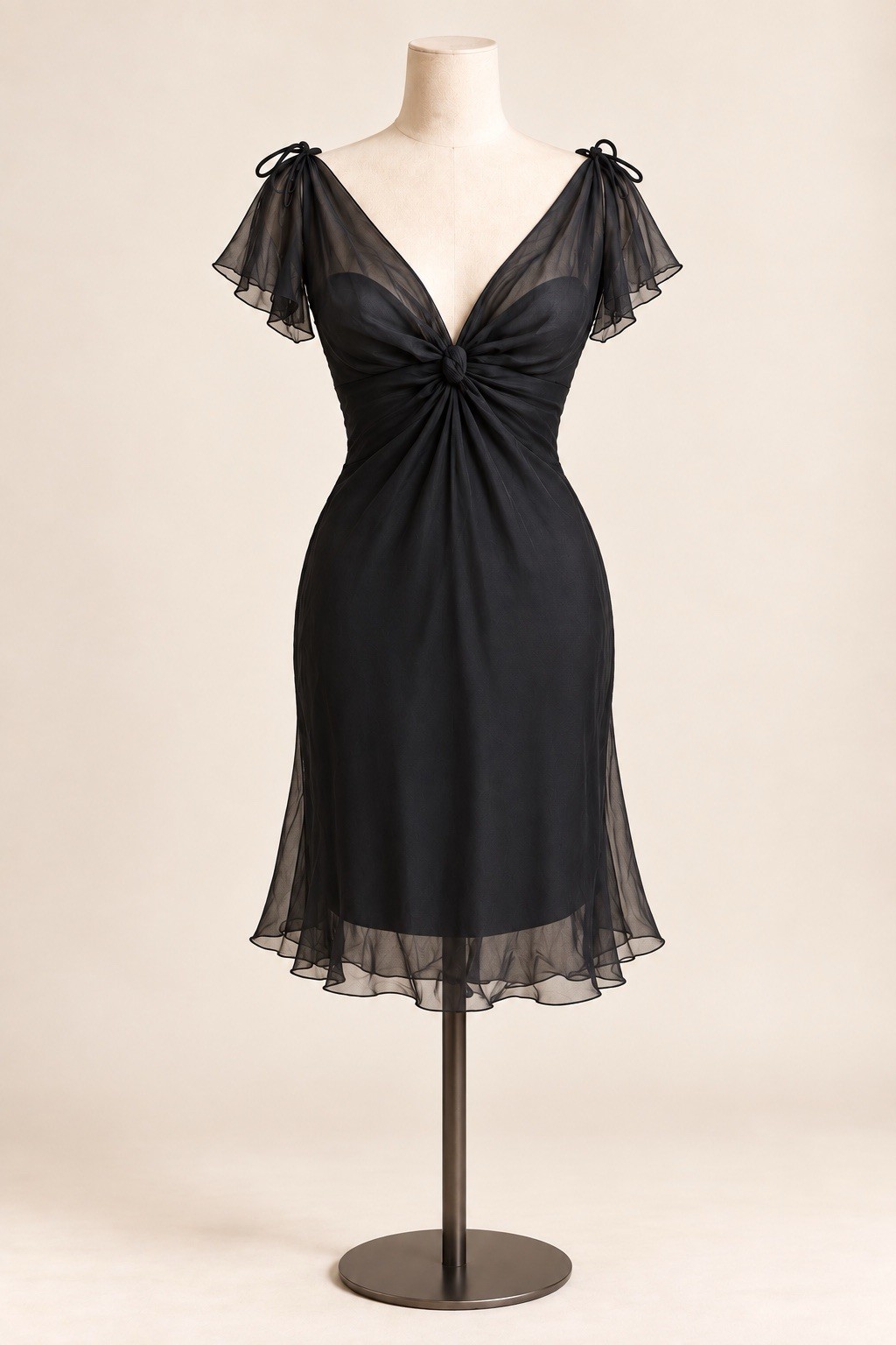 Vintage Black Silk Cocktail Dress Short Sheer Flutter Sleeves V Neck Size S