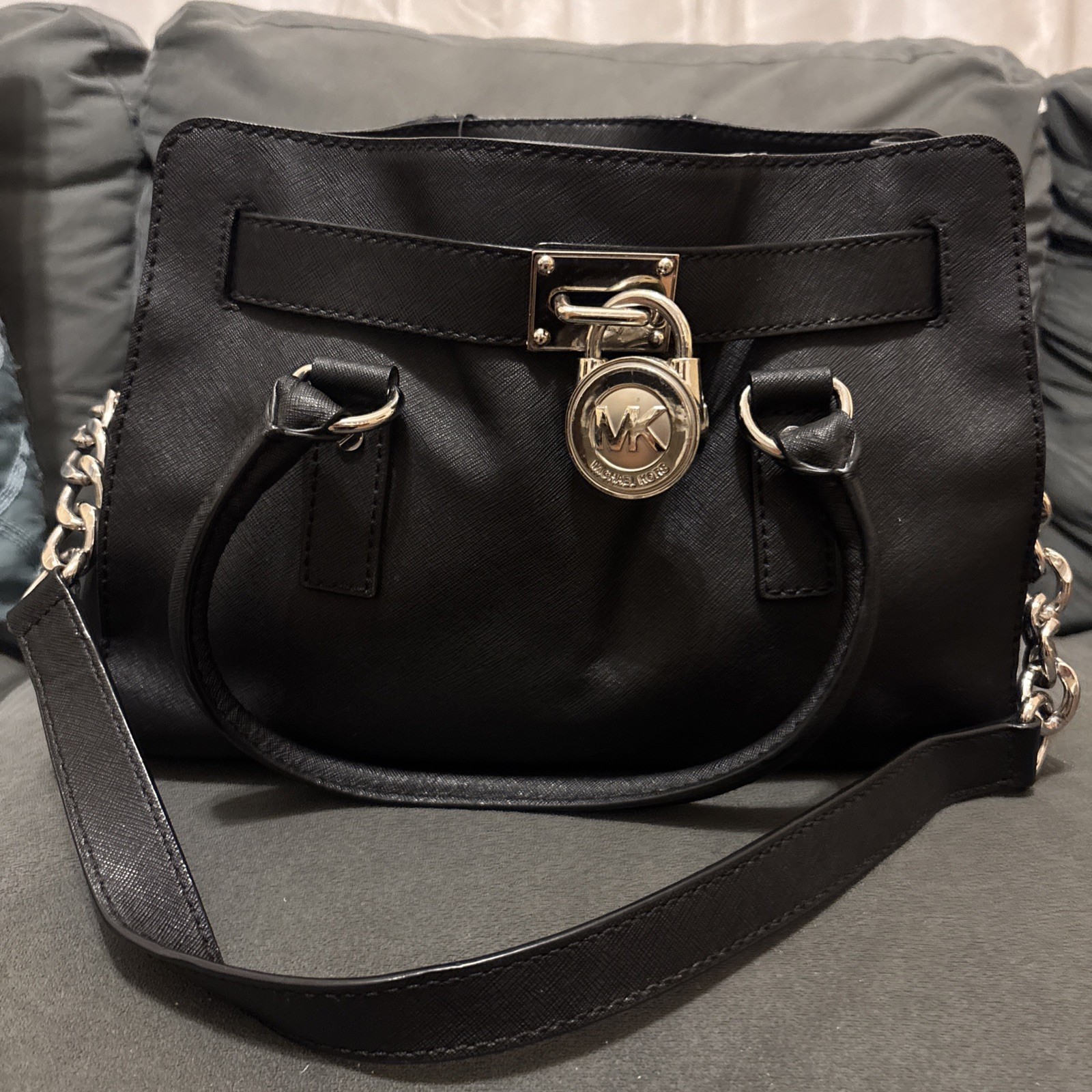 Michael Kors Hamilton Purse / Bag Soft Black Leather With Pad Lock Charm
