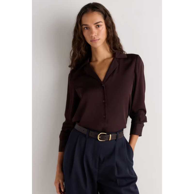 NWT Quince Washable Stretch Silk Notch Collar Long Sleeve Button Down Blouse M