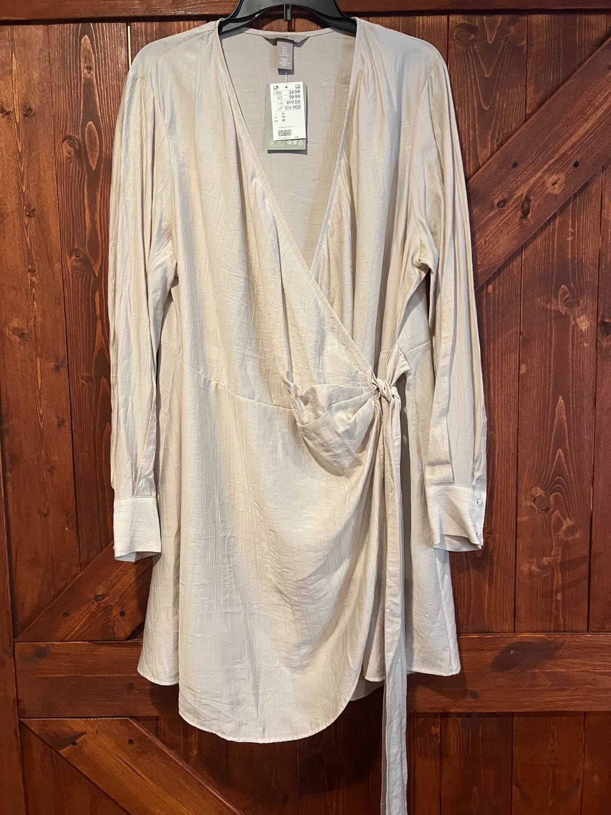 H & M Ladies XL Long Sleeve Uneven Hem Buff/Beige  Wrap Dress