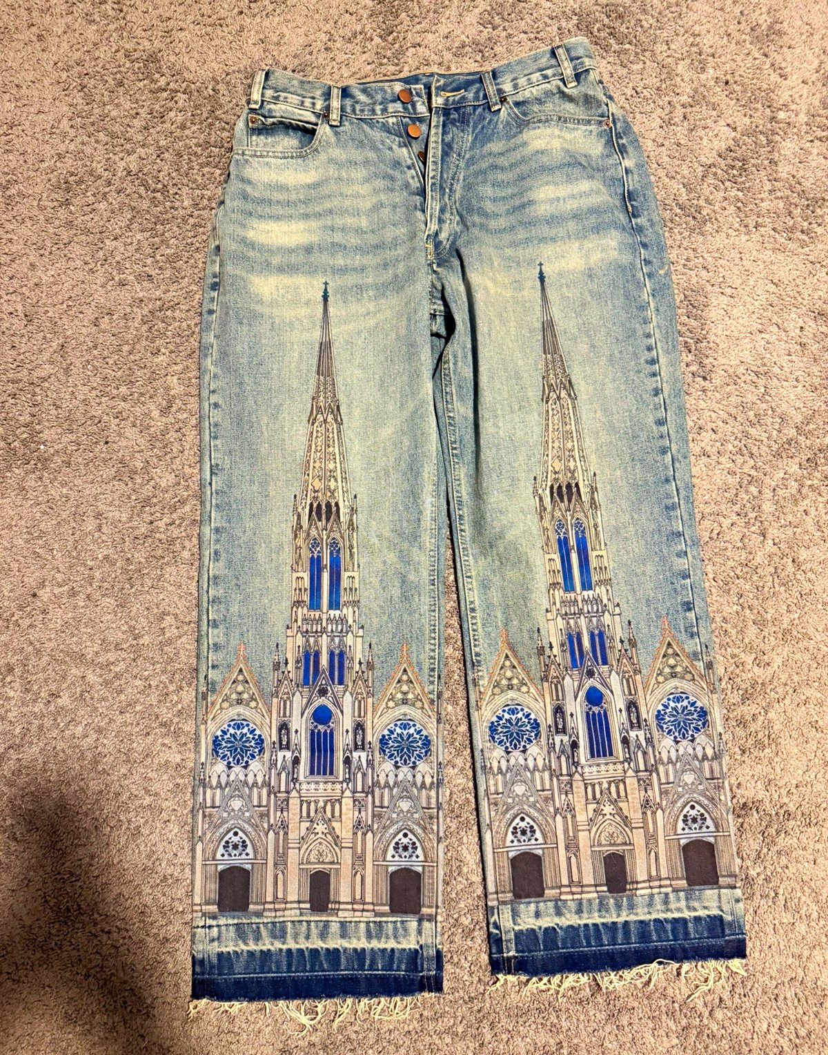 Bravest Studios Cathedral Denim Men’s Light Wash Blue Graphic Print Jeans 30