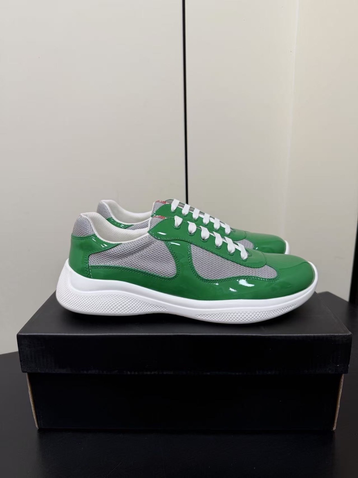 Men Prada America\'s Cup Trainers Green Patent Leather Grey Mesh White Thick Sole