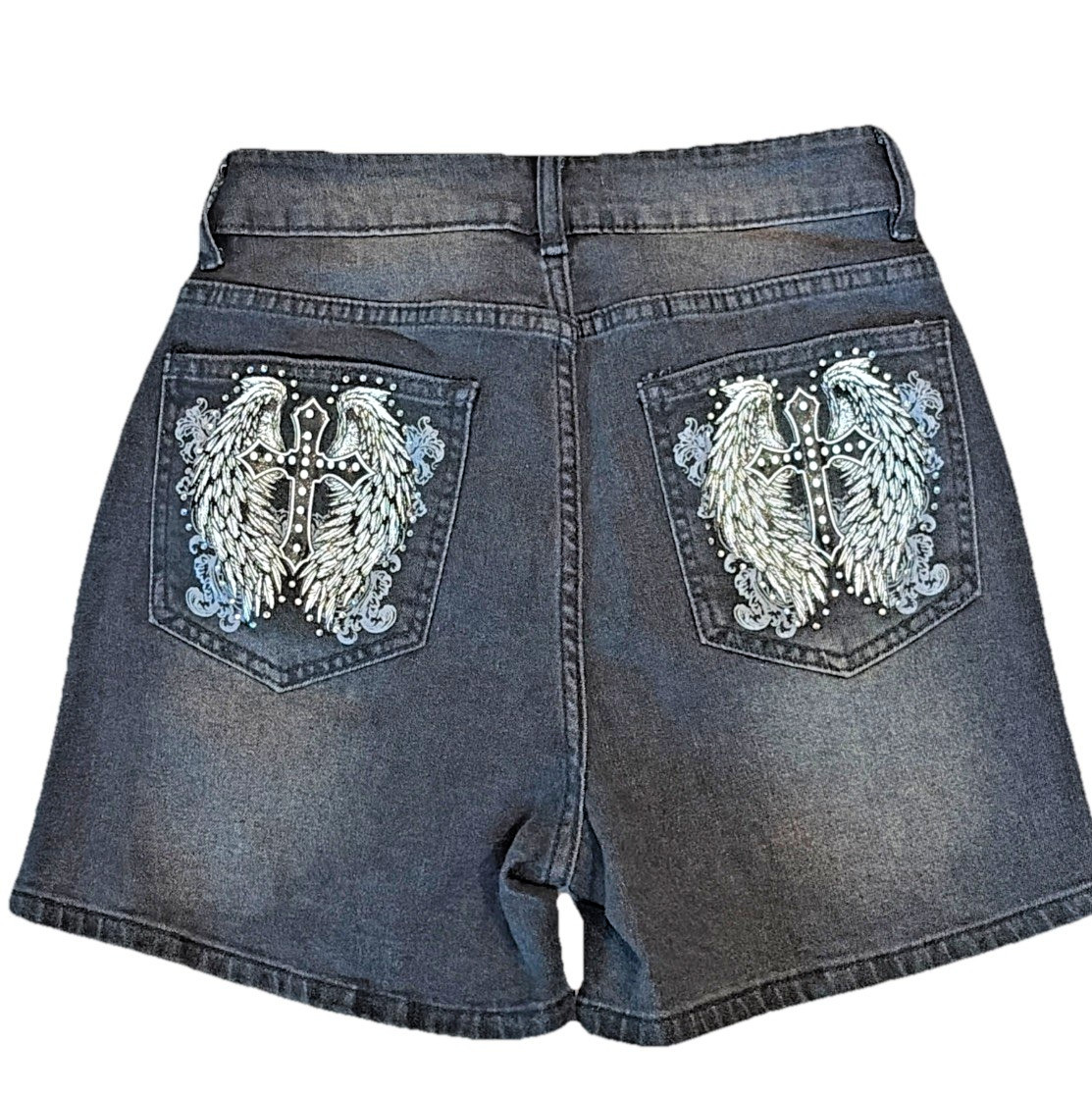 VTG Y2K Romwe Women\'s Black Denim Shorts Size XS Cross Angel Wings Punk  Goth