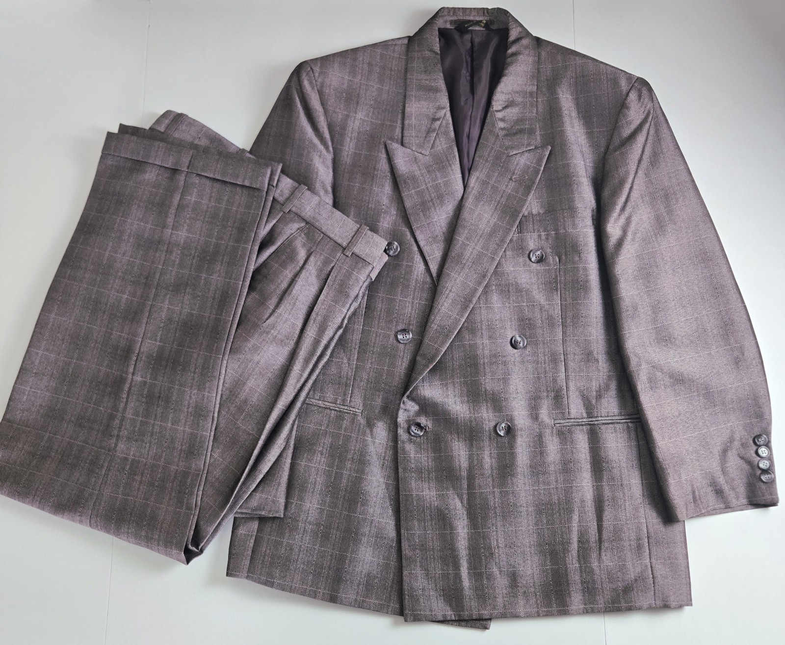 Gino Cappeli 42S Double Breasted Suit Purple Plaid Mens Jacket 34x30 Pants Shiny