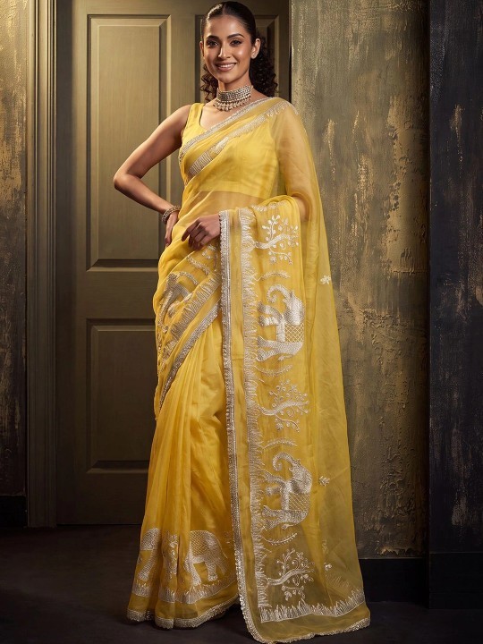  Indian Ethnic Motifs Zari Designer Yellow sarees ( Unstitched Blouse Piece )