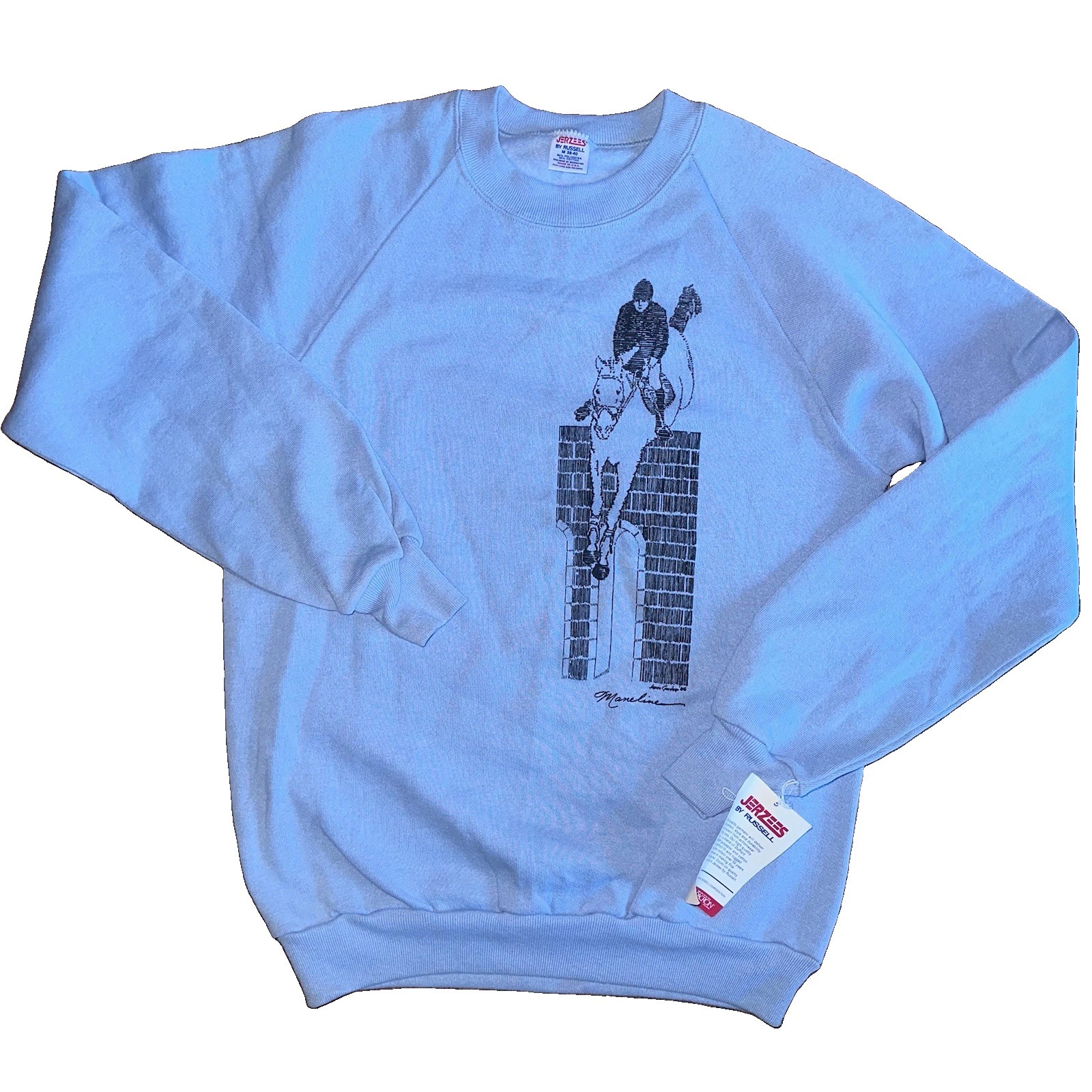 NWT Vtg 80s Jerzees By Russell Sweatshirt Adult M Blue Equestrian Horse Graphic