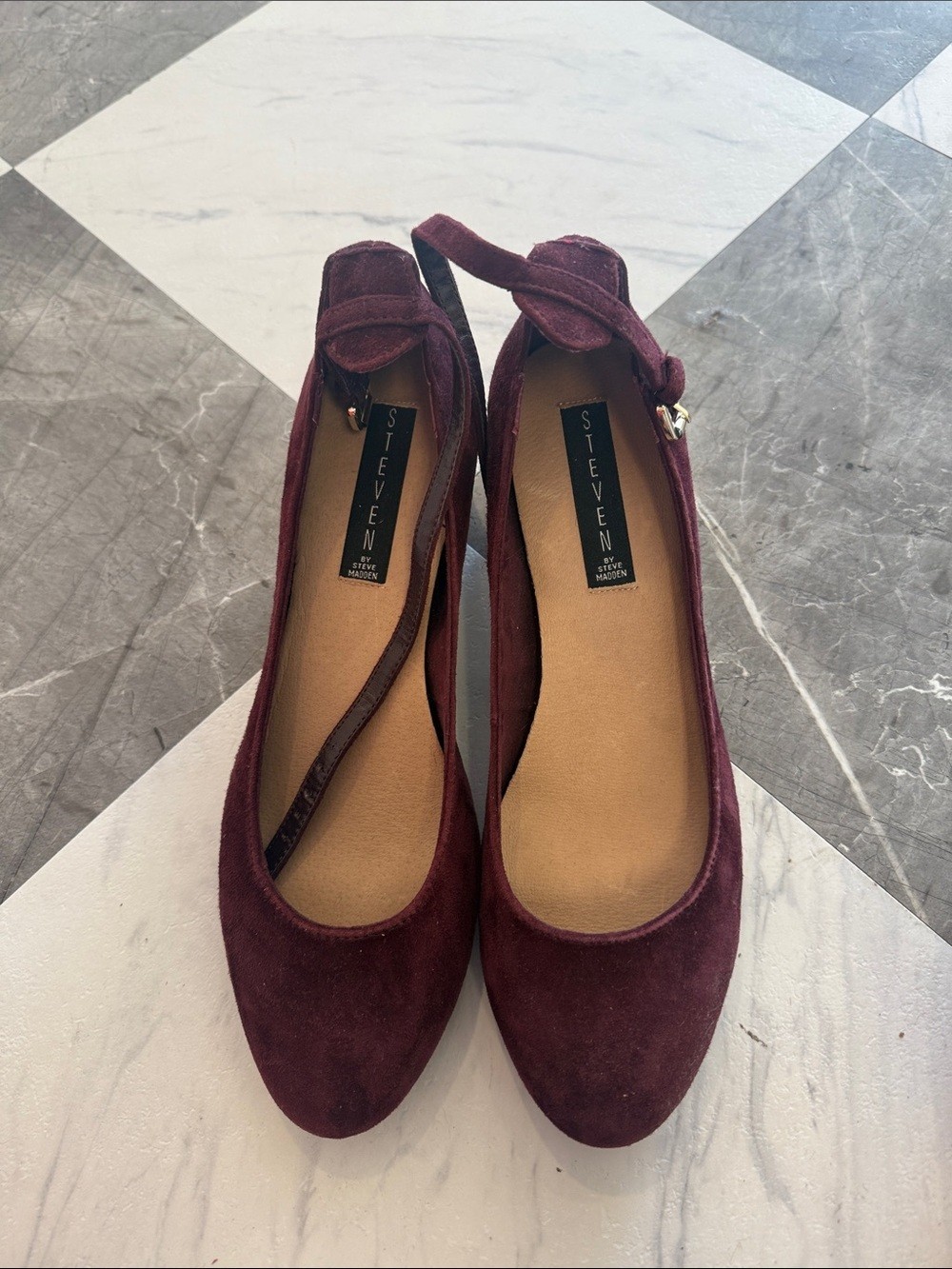 STEVEN by Steve Madden Burgundy Suede Ankle-Strap Flats