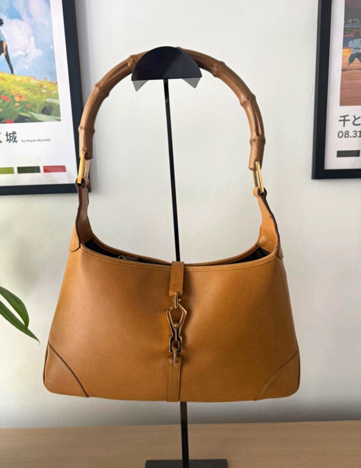 Gucci Brown Leather Shoulder Bag Bamboo Handle GG Jacquard Lining