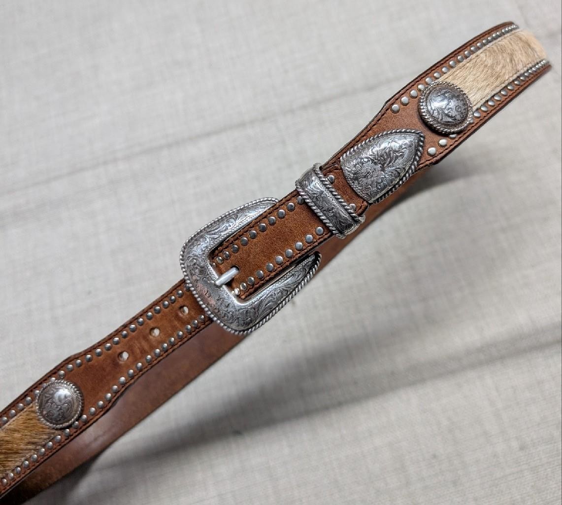 vintage TONY LAMA buckle belt 36 tapered WESTERN studded leather CONCHO cowhair