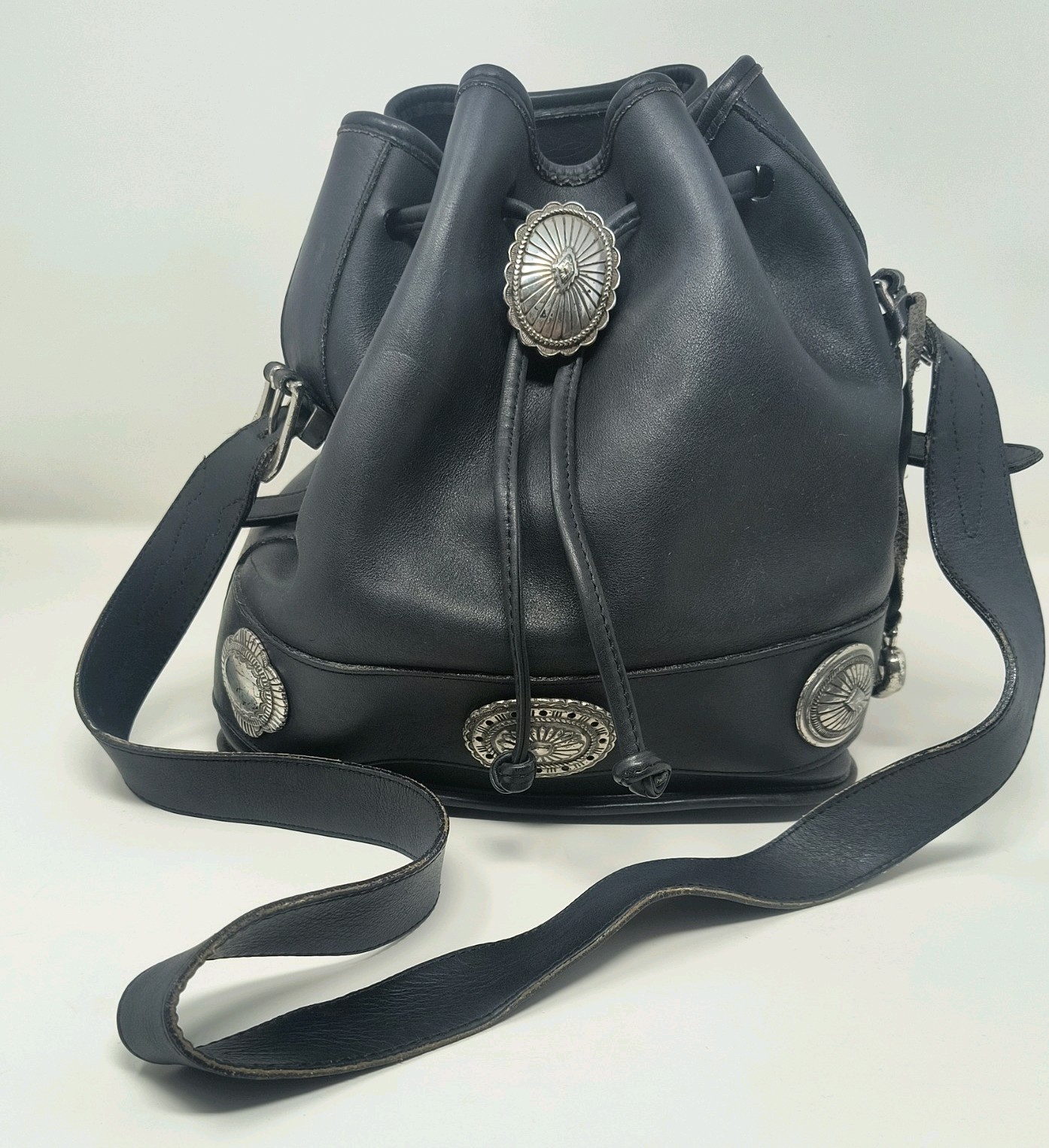 Vintage Brighton Black Leather Concho Bucket Bag Drawstring Western Bag Rare