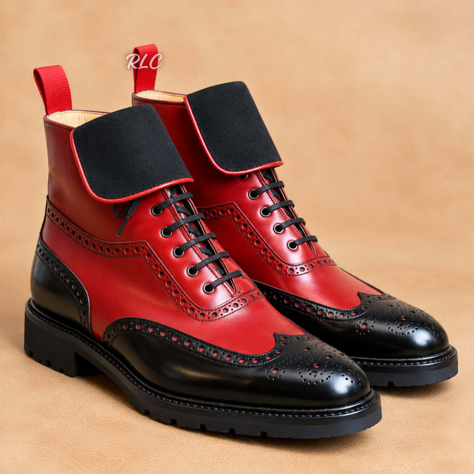 Handmade Men’s Red Black Leather Brogue Wingtip Lace Up Ankle Chunky Sole Boots