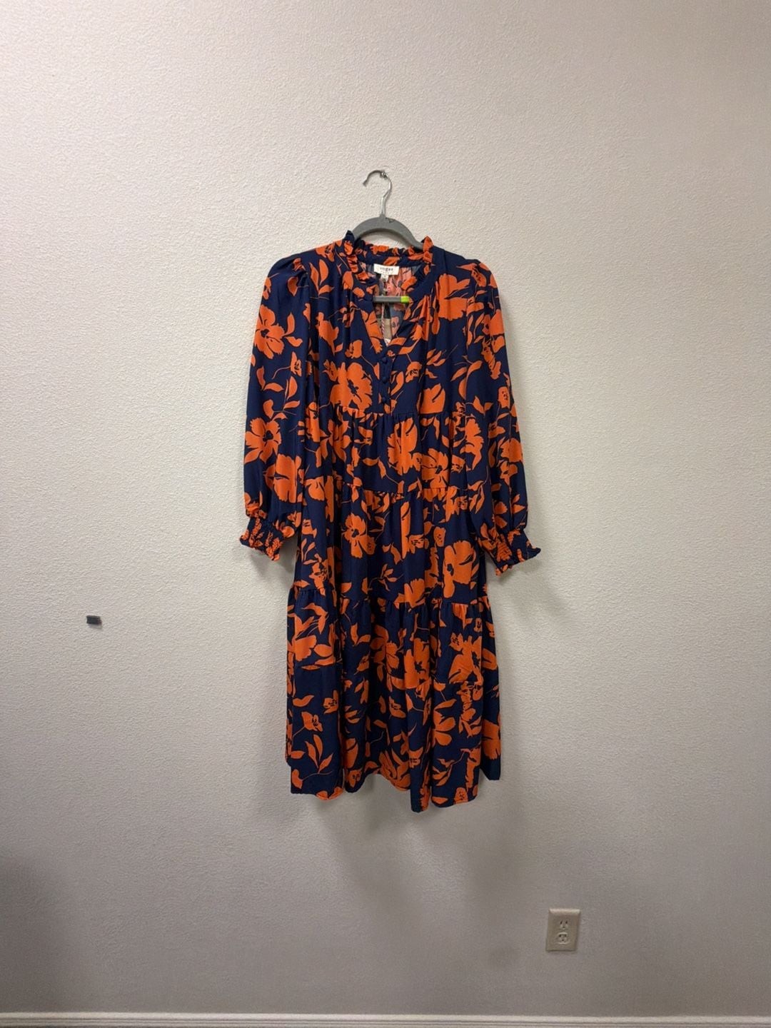 Umgee Floral Tiered Midi Dress Size S Navy Orange Ruffled Long Sleeve