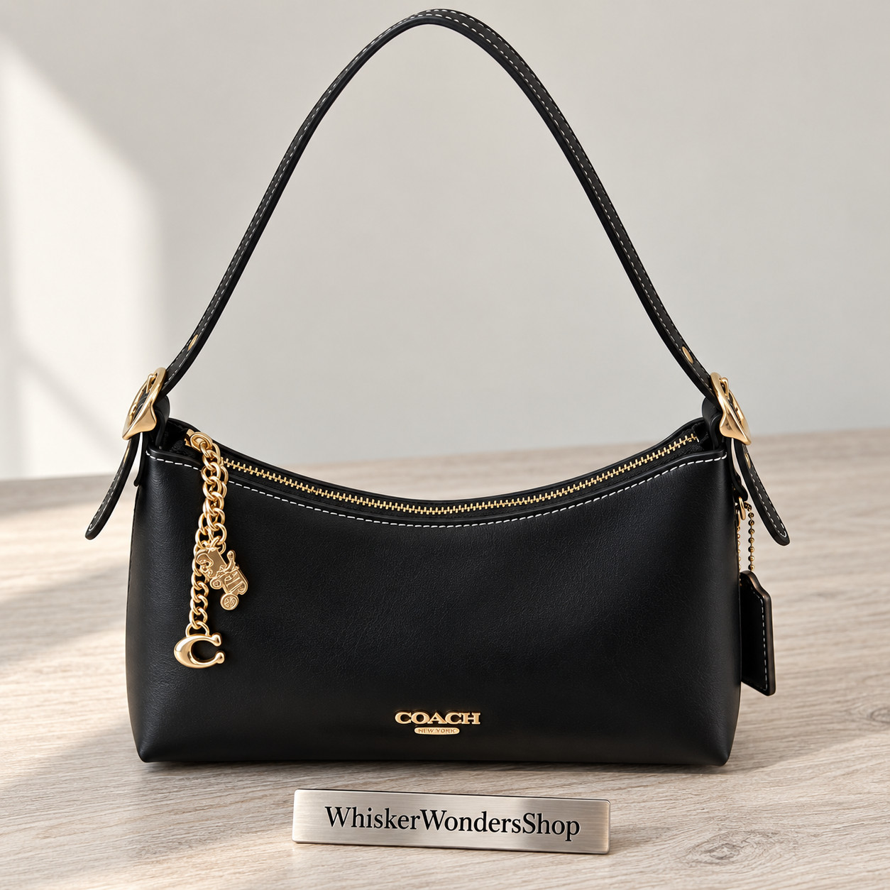 COACH Emeilia CFO89 Black Natural Grain Nappa Leather Shoulder Bag Small Outlet