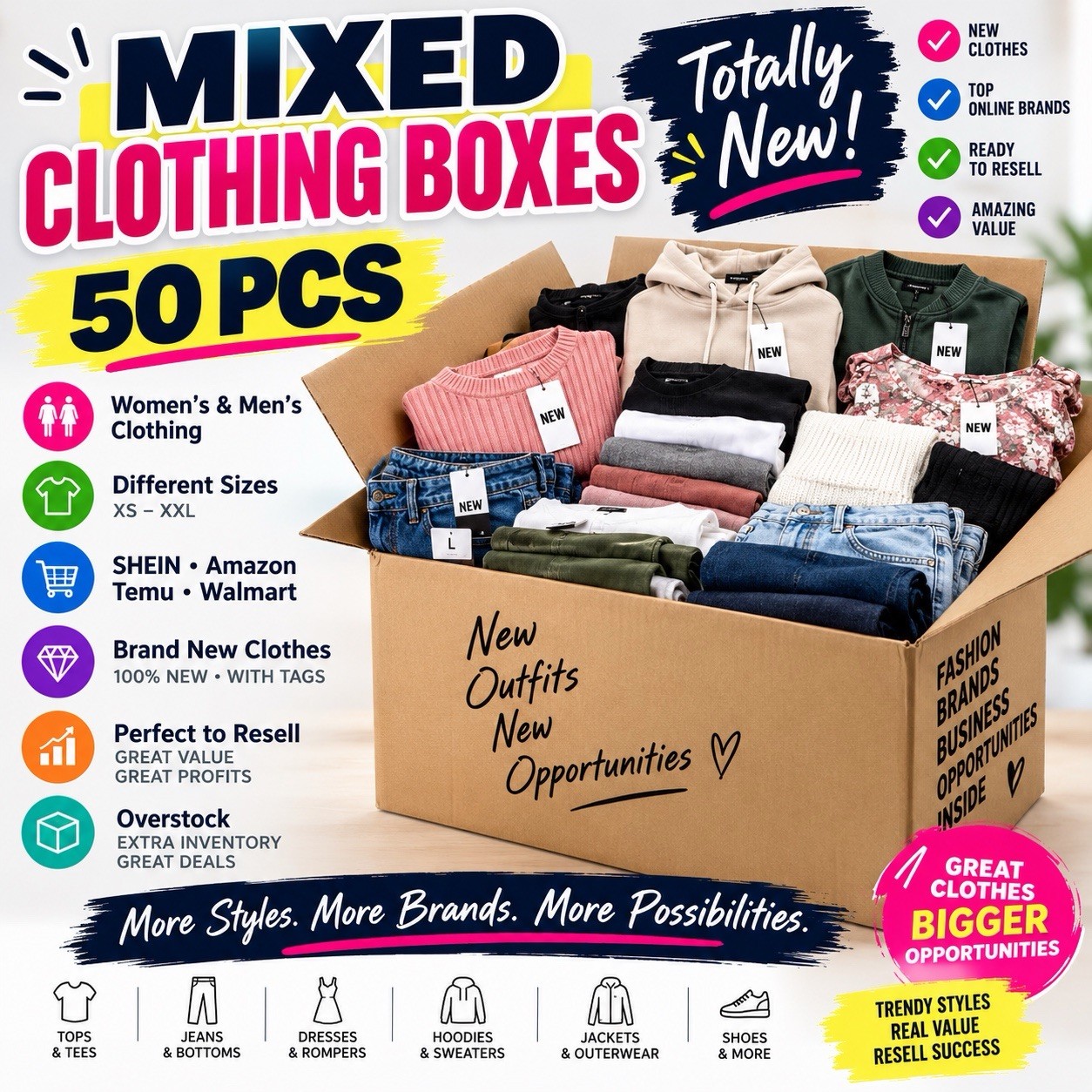 50pc New Clothing Lot Men’s Women’s Mixed Sizes Wholesale Overstock Reseller Box