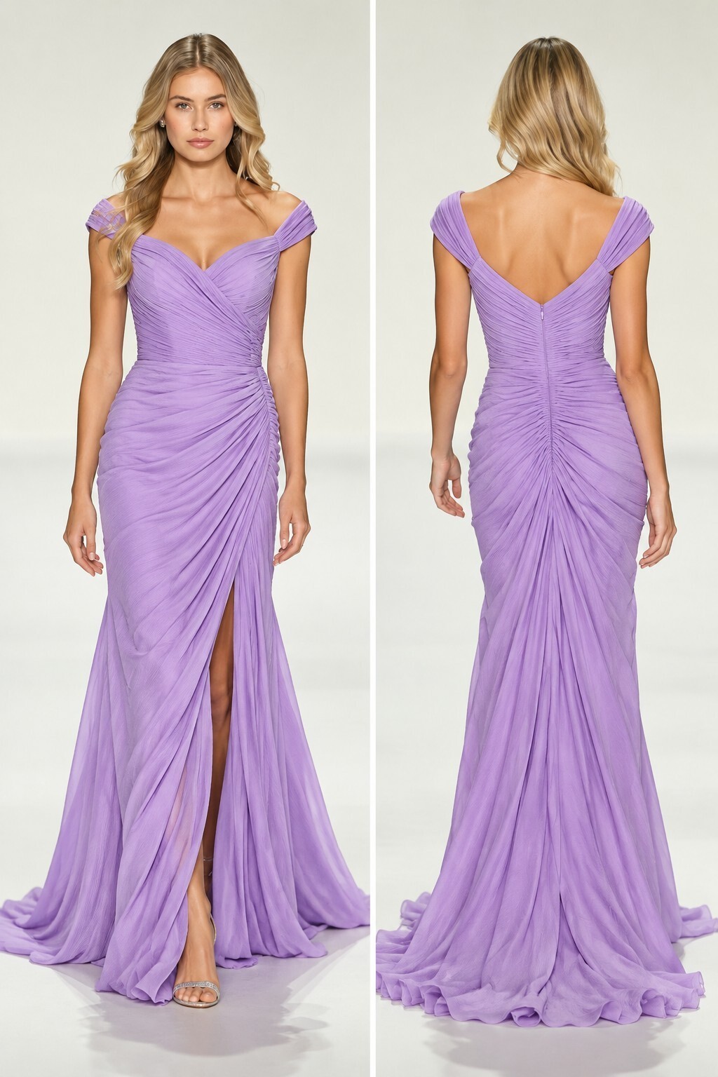 $900 Pageant Lilac Lavender Ruched Off Shoulder Formal Evening Gown Maxi Sz 4