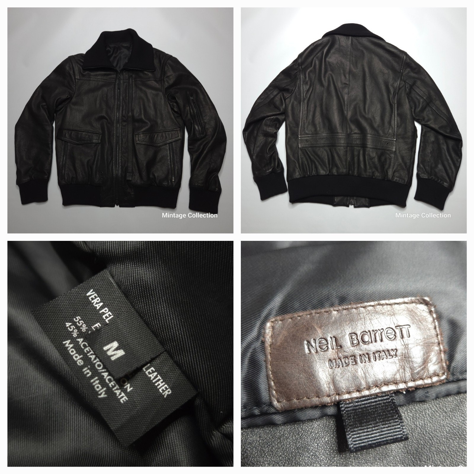 Neil Barrett Black Leather Flight Aviation Bomber Jacket Size M Made In Italy