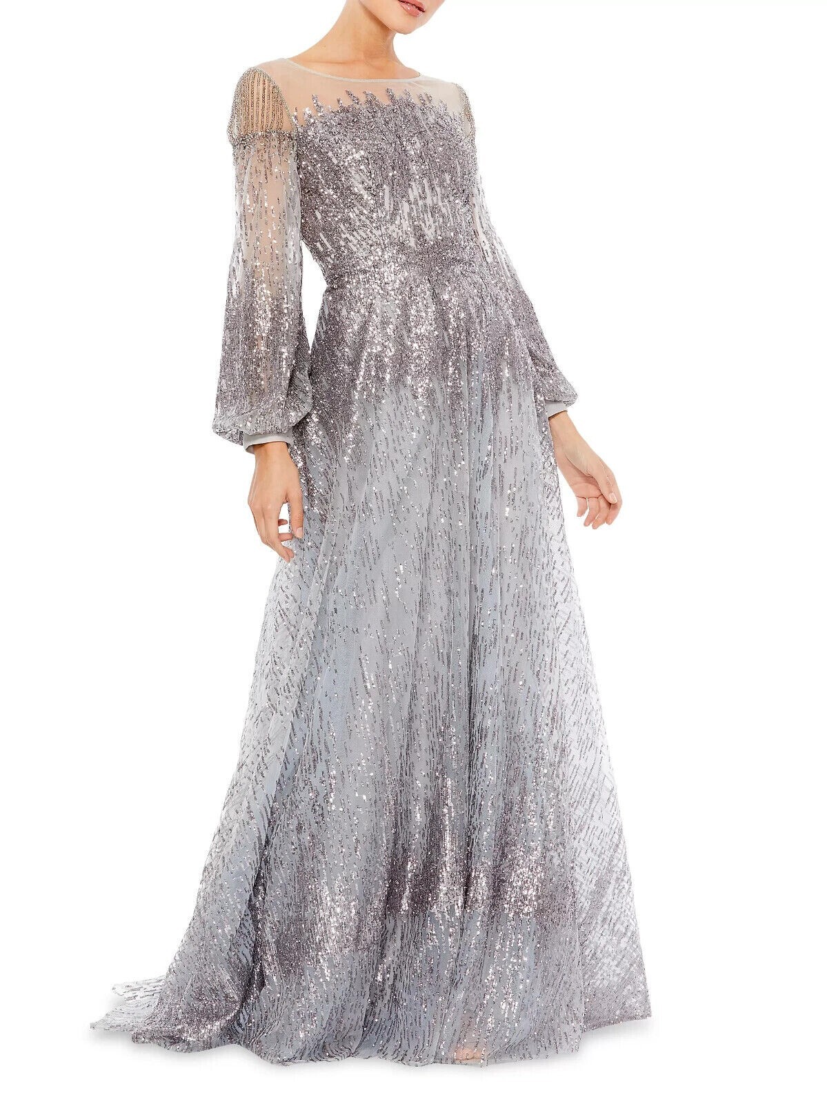 Mac Duggal Platinum Round Neck Long Puff Sleeve Sequin Gown Size 10 $798