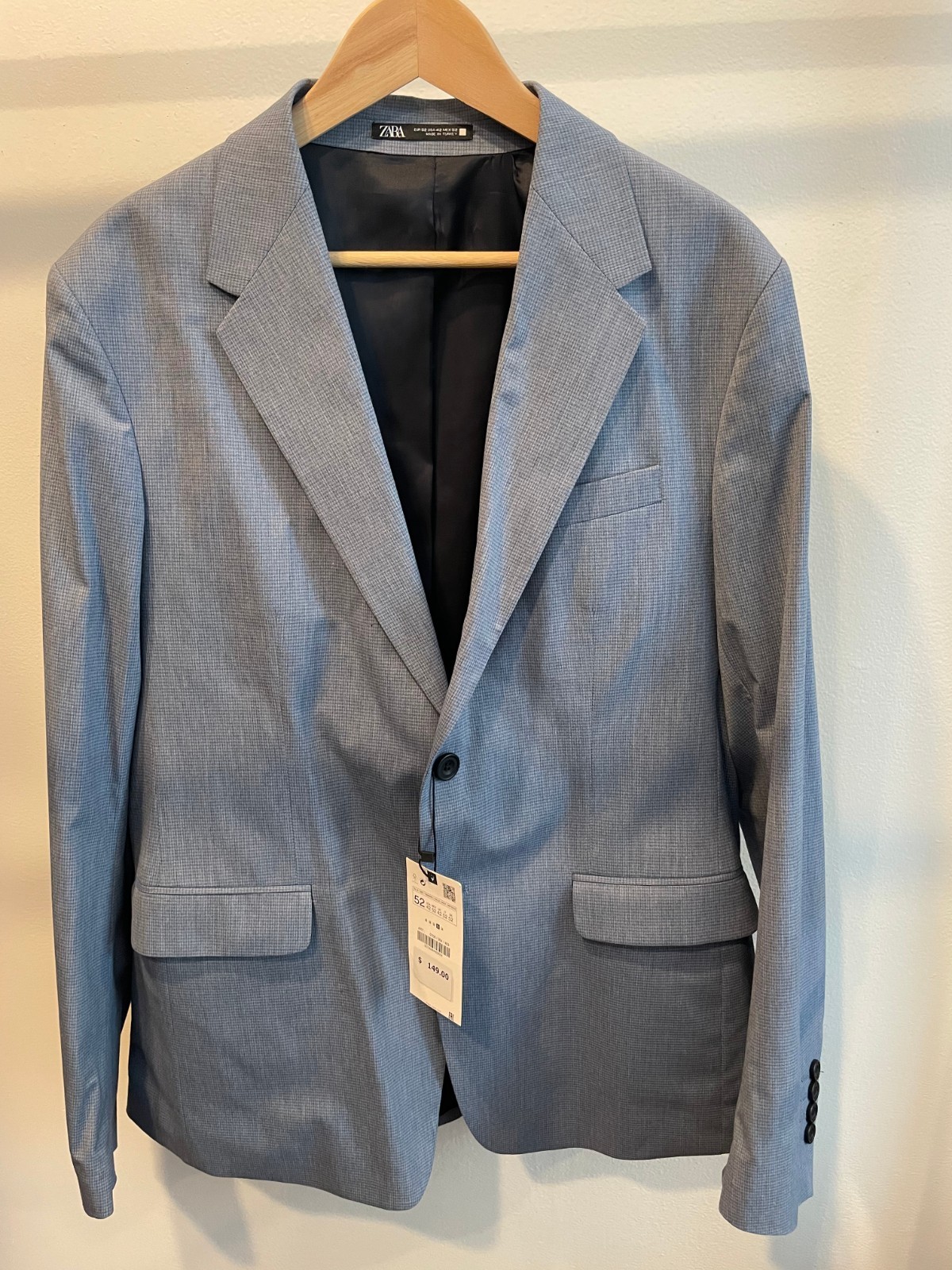 Zara Light Blue Checked Two Piece Suit Jacket 42 Trousers 32