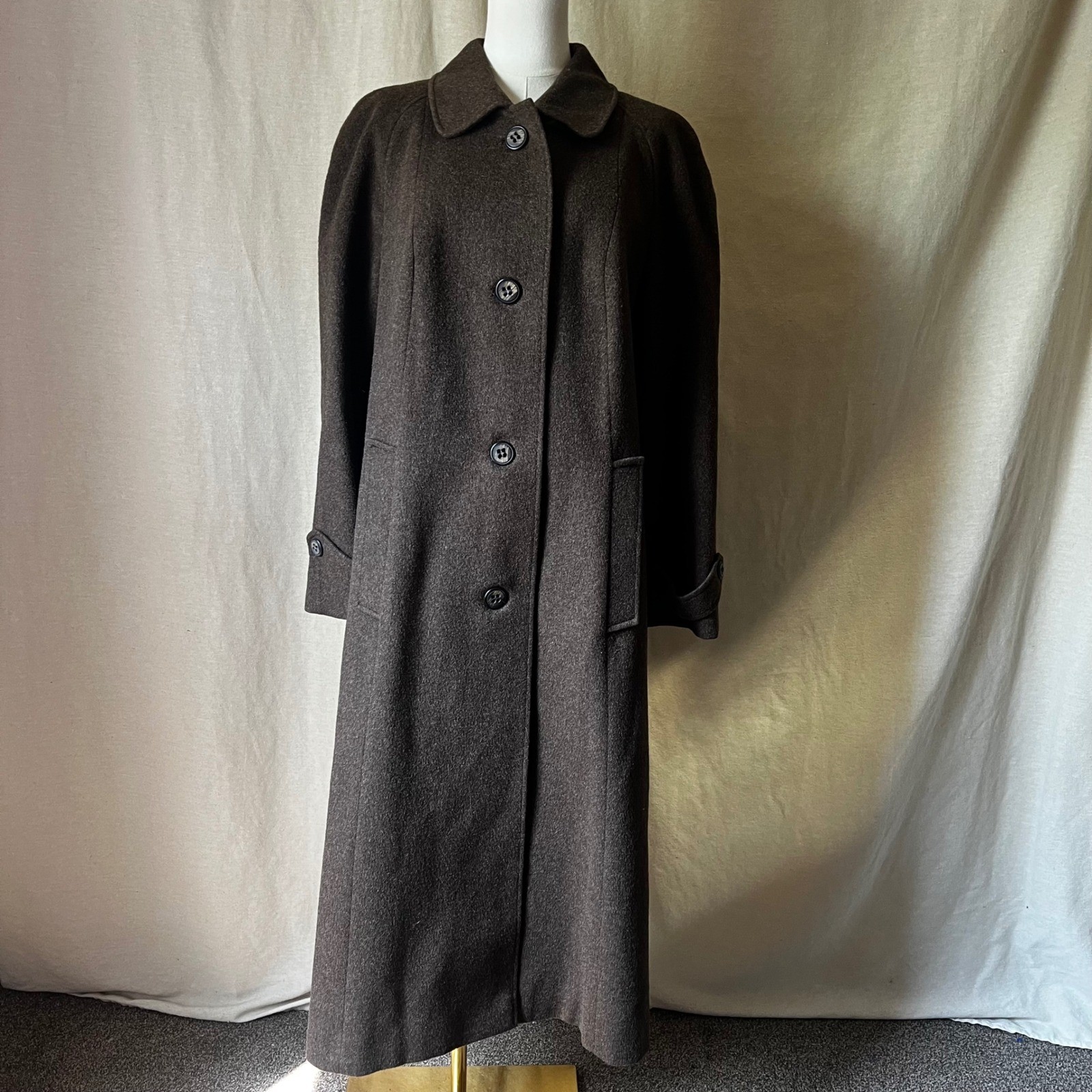Vintage Austrian Loden Wool Alpaca Long Coat Cape Back Brown 80s EU 44